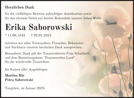 Traueranzeige von Erika Saborowski von Nordkurier Haff-Zeitung