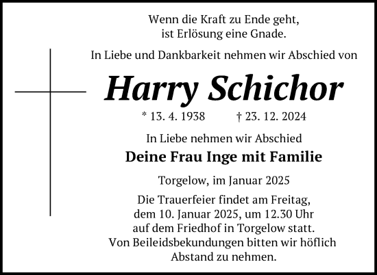 Traueranzeige von Harry Schichor von Nordkurier Haff-Zeitung