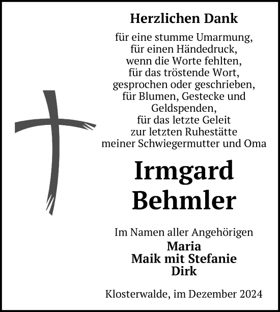 Traueranzeige von Irmgard Behmler von Uckermark Kurier Templiner Zeitung