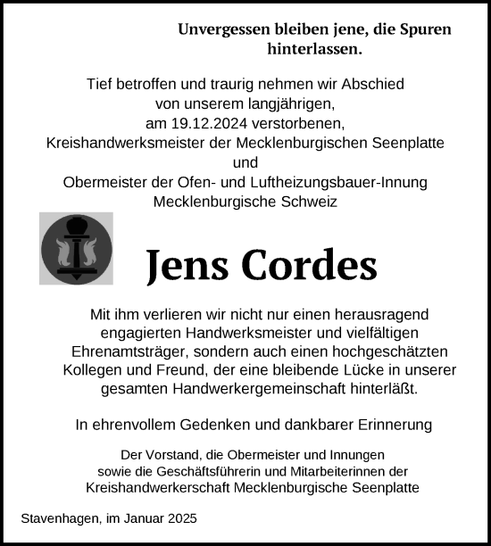 Traueranzeige von Jens Cordes von Nordkurier Neubrandenburger Zeitung