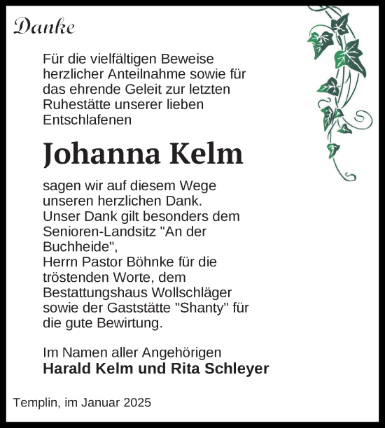 Traueranzeige von Johanna Kelm von Uckermark Kurier Templiner Zeitung