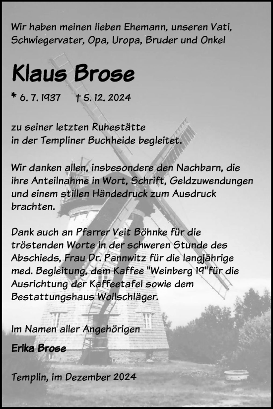 Traueranzeige von Klaus Brose von Uckermark Kurier Templiner Zeitung