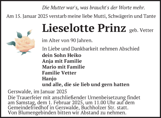 Traueranzeige von Lieselotte Prinz von Uckermark Kurier Templiner Zeitung