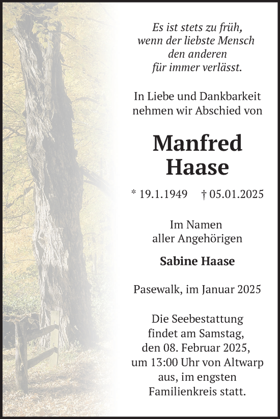 Traueranzeige von Manfred Haase von Nordkurier Pasewalker Zeitung