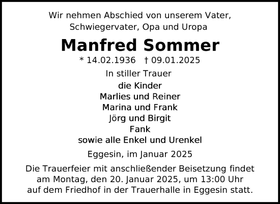 Traueranzeige von Manfred Sommer von Nordkurier Haff-Zeitung