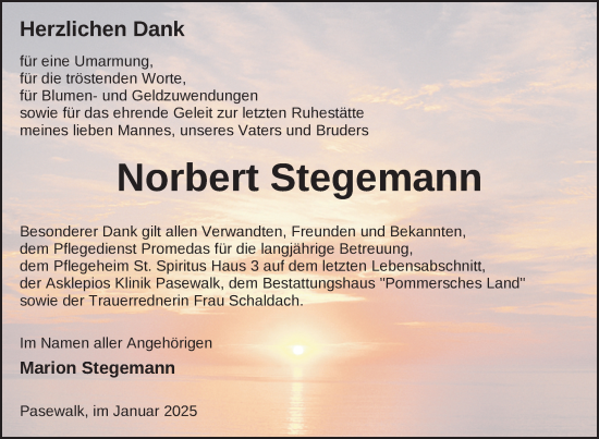 Traueranzeige von Norbert Stegemann von Nordkurier Pasewalker Zeitung
