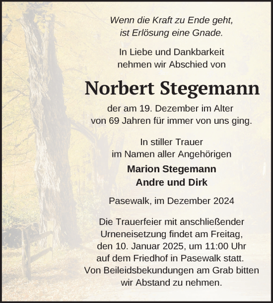 Traueranzeige von Norbert Stegemann von Nordkurier Pasewalker Zeitung