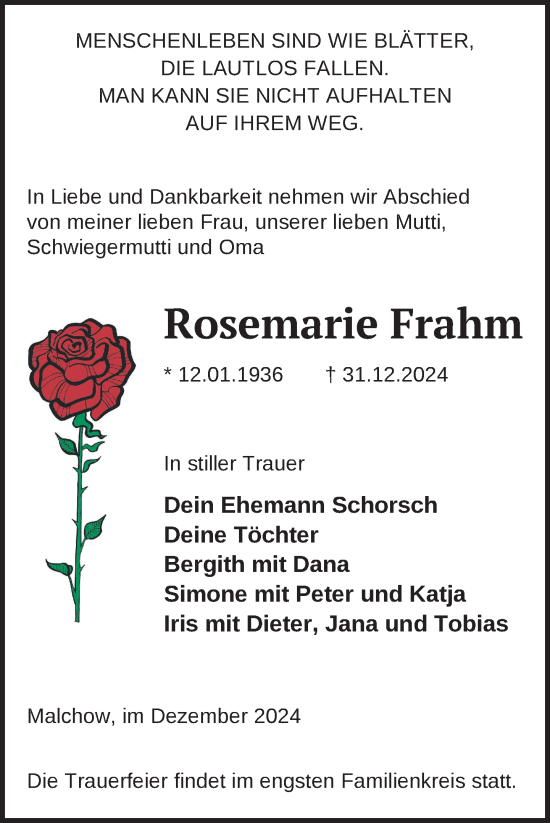 Traueranzeige von Rosemarie Frahm von Nordkurier Müritz-Zeitung