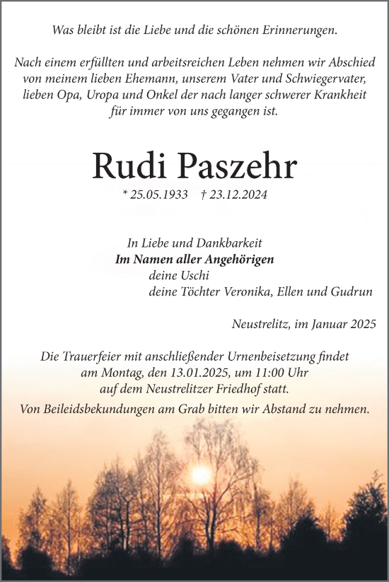 Traueranzeige von Rudi Paszehr von Nordkurier Strelitzer Zeitung