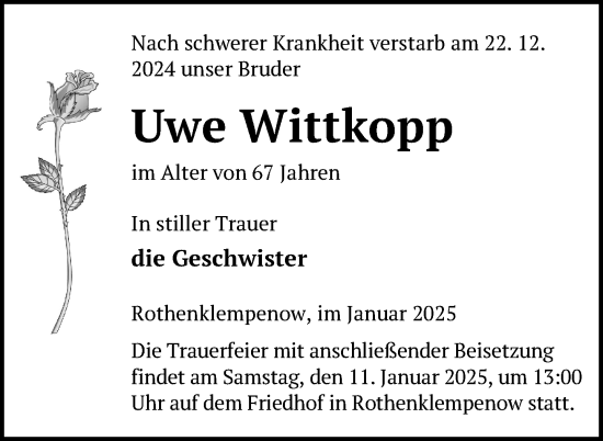 Traueranzeige von Uwe Wittkopp von Nordkurier Pasewalker Zeitung