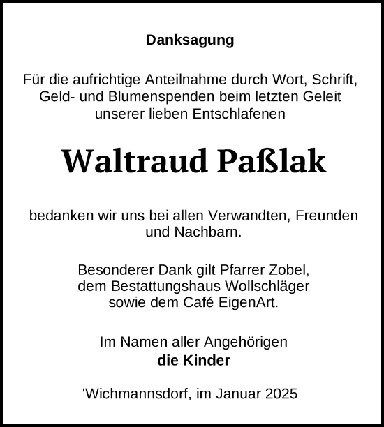 Traueranzeige von Waltraud Paßlak von Uckermark Kurier Templiner Zeitung