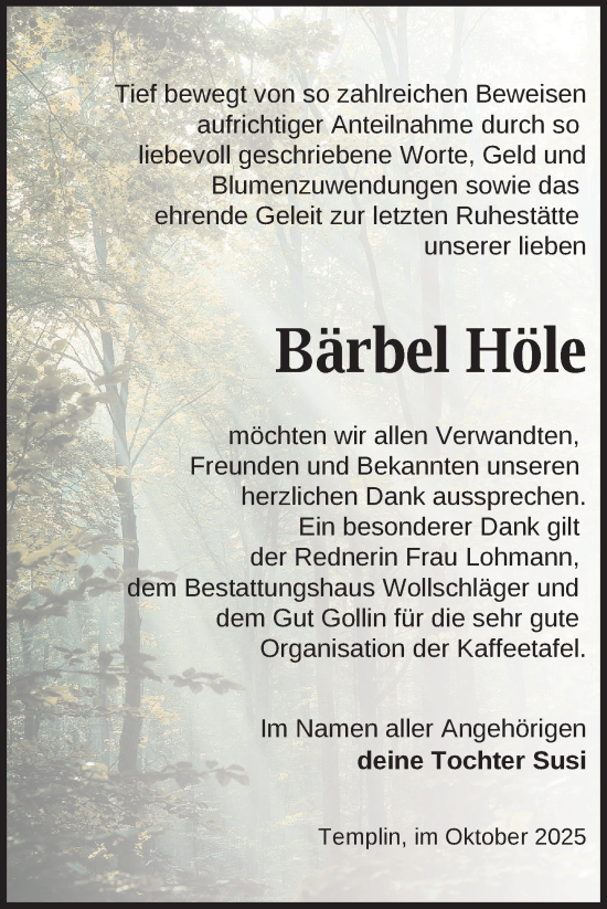 Traueranzeige von Bärbel Höle von Uckermark Kurier Templiner Zeitung