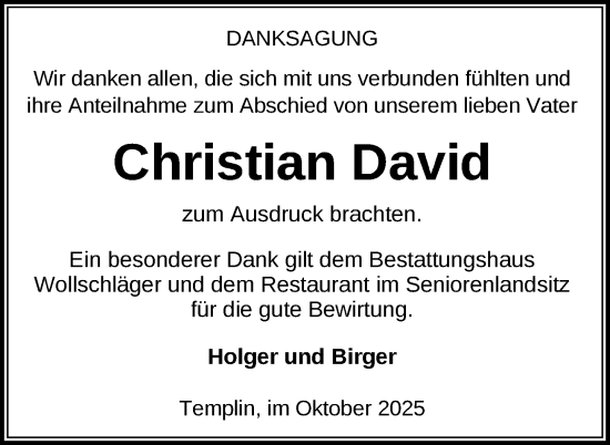 Traueranzeige von Christian David von Uckermark Kurier Templiner Zeitung