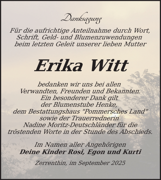 Traueranzeige von Erika Witt von Nordkurier Pasewalker Zeitung