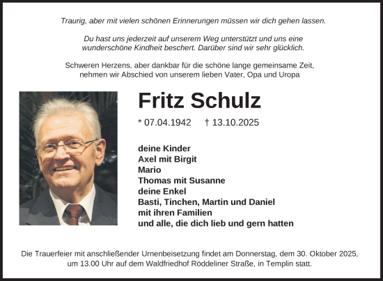 Traueranzeige von Fritz Schulz von Uckermark Kurier Templiner Zeitung
