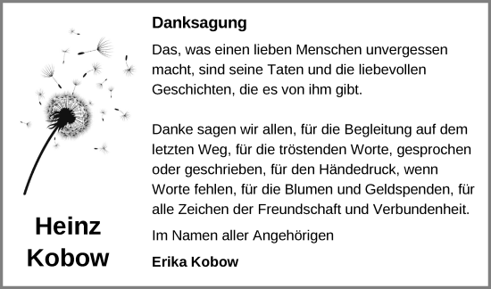Traueranzeige von Heinz Kobow von Zeitung für die Landeshauptstadt