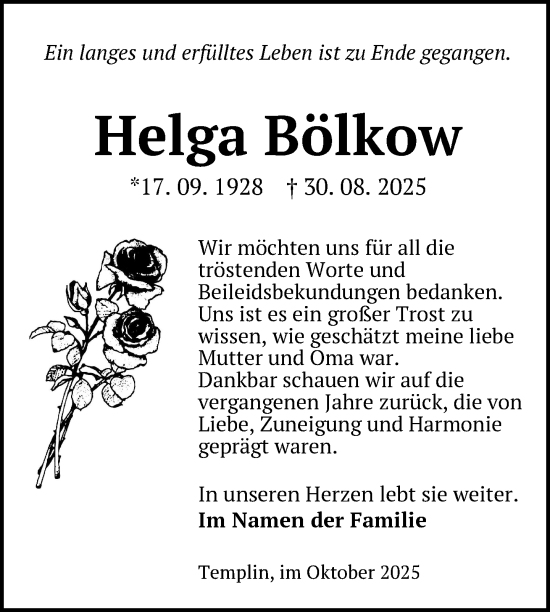 Traueranzeige von Helga Bölkow von Uckermark Kurier Templiner Zeitung