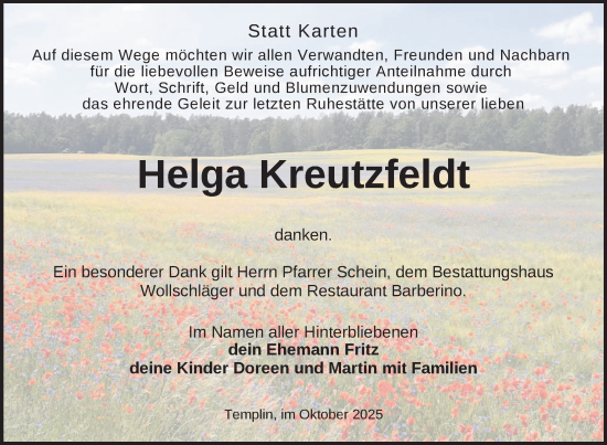 Traueranzeige von Helga Kreutzfeldt von Uckermark Kurier Templiner Zeitung