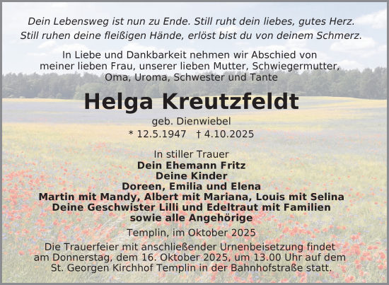 Traueranzeige von Helga Kreutzfeldt von Uckermark Kurier Templiner Zeitung