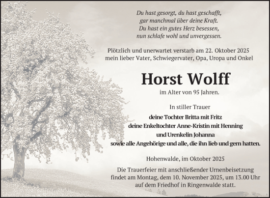 Traueranzeige von Horst Wolff von Uckermark Kurier Templiner Zeitung