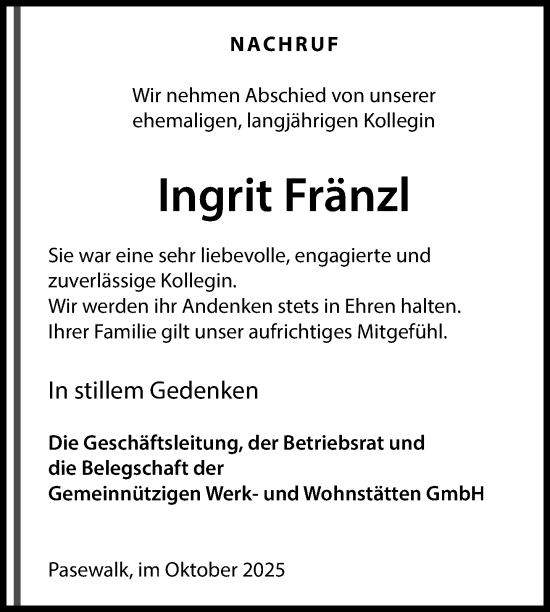 Traueranzeige von Ingrit Fränzl von Nordkurier Pasewalker Zeitung
