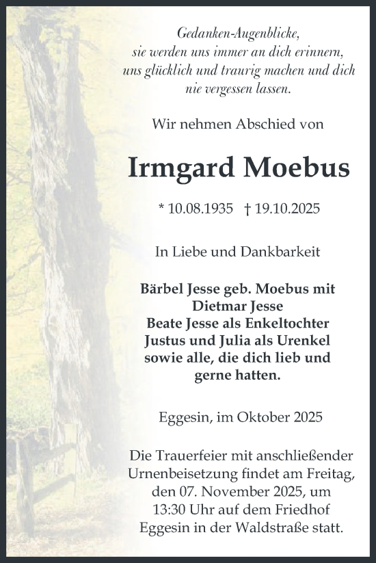 Traueranzeige von Irmgard Moebus von Nordkurier Haff-Zeitung