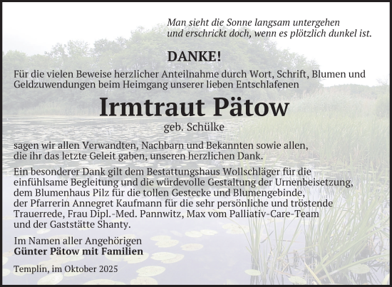 Traueranzeige von Irmtraut Pätow von Uckermark Kurier Templiner Zeitung