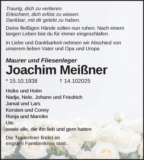 Traueranzeige von Joachim Meißner von Nordkurier Müritz-Zeitung