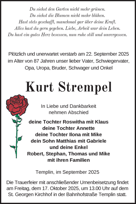 Traueranzeige von Kurt Strempel von Uckermark Kurier Templiner Zeitung
