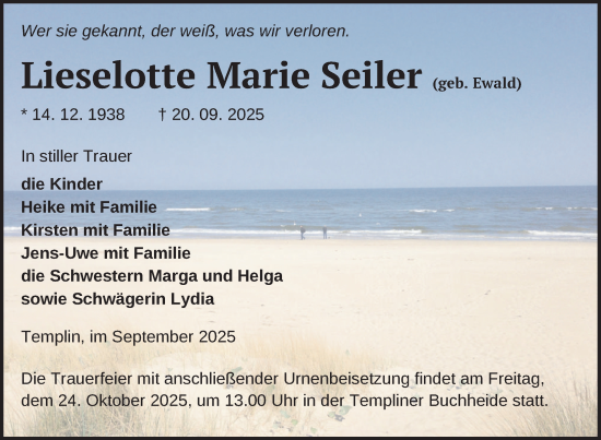 Traueranzeige von Lieselotte Marie Seiler von Uckermark Kurier Templiner Zeitung
