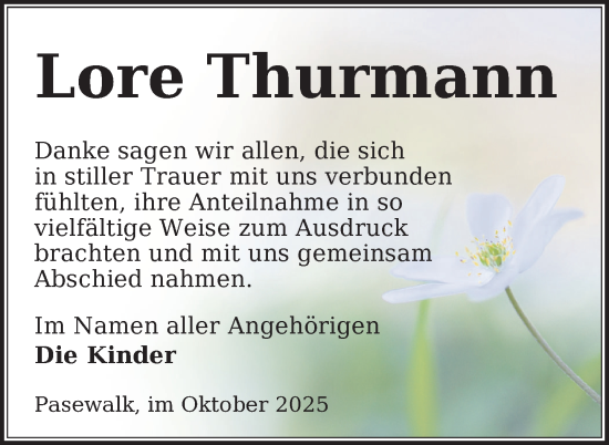 Traueranzeige von Lore Thurmann von Nordkurier Pasewalker Zeitung