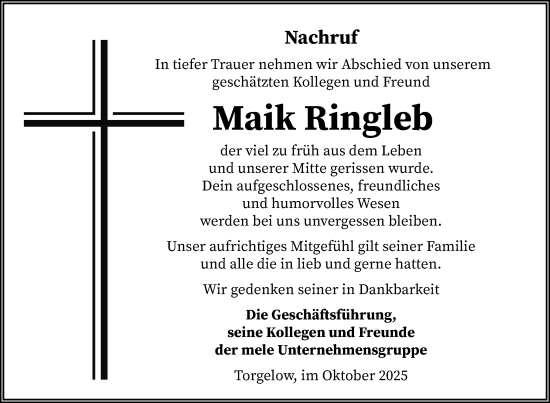 Traueranzeige von Maik Ringleb von Nordkurier Haff-Zeitung