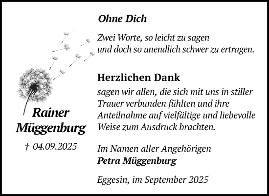Traueranzeige von Rainer Müggenburg von Nordkurier Haff-Zeitung