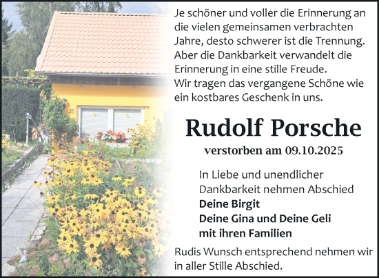 Traueranzeige von Rudolf Porsche von Nordkurier Müritz-Zeitung