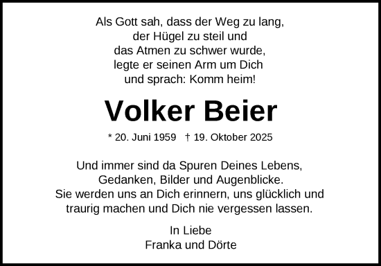 Traueranzeige von Volker Beier von Zeitung für die Landeshauptstadt
