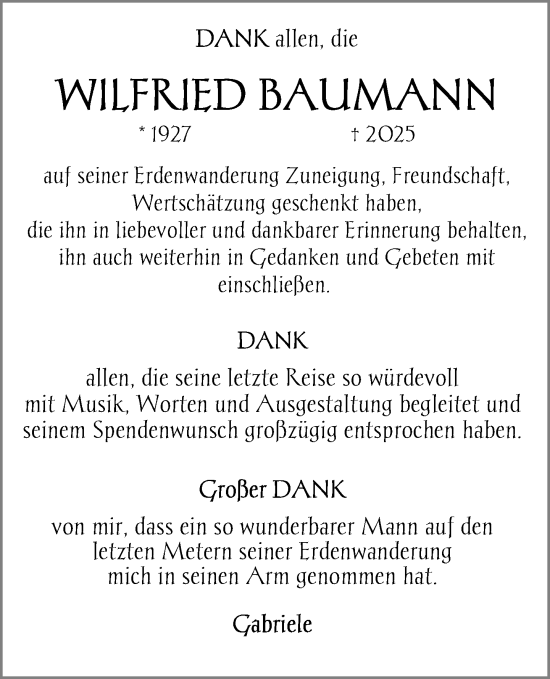 Traueranzeige von Wilfried Baumann von Zeitung für die Landeshauptstadt