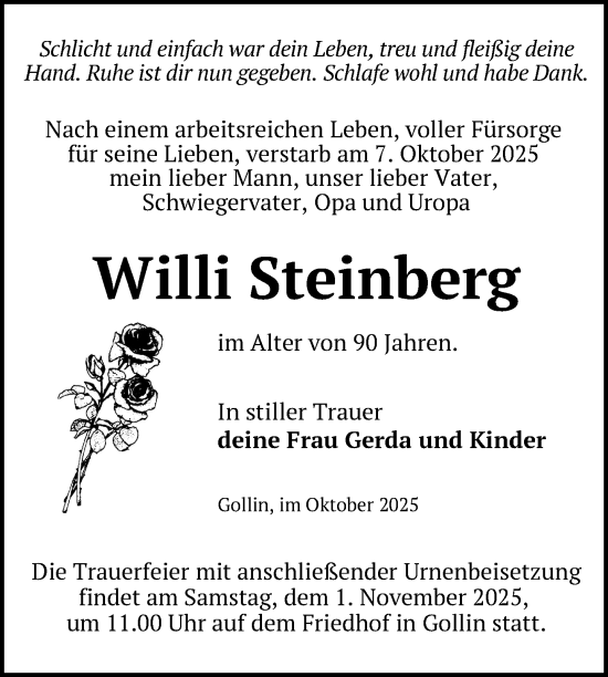 Traueranzeige von Willi Steinberg von Uckermark Kurier Templiner Zeitung