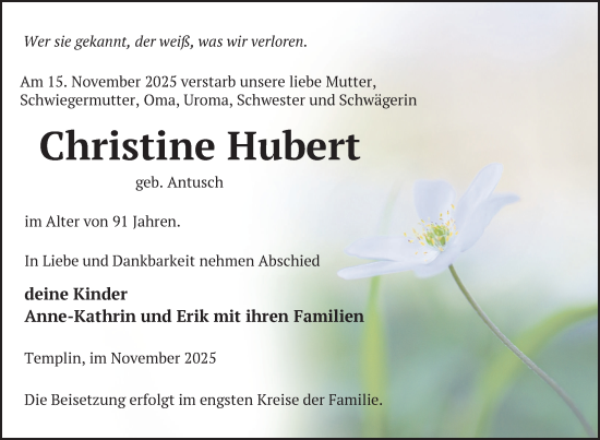 Traueranzeige von Christine Hubert von Uckermark Kurier Templiner Zeitung