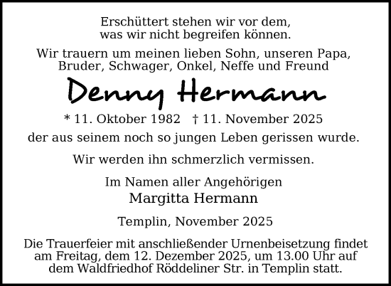 Traueranzeige von Denny Hermann von Uckermark Kurier Templiner Zeitung