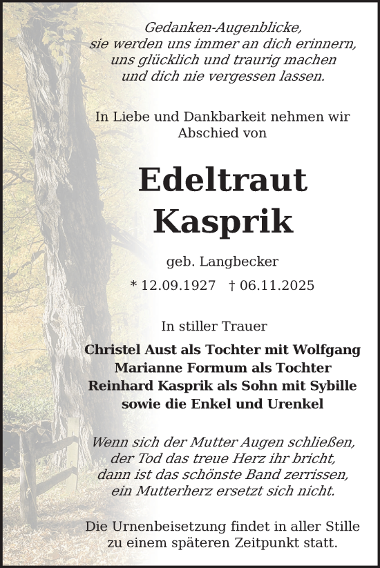 Traueranzeige von Edeltraut Kasprik von Uckermark Kurier Templiner Zeitung