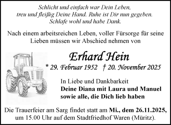 Traueranzeige von Erhard Hein von Nordkurier Müritz-Zeitung