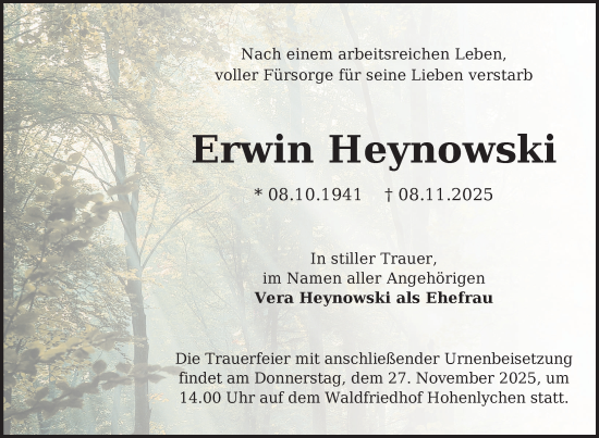 Traueranzeige von Erwin Heynowski von Uckermark Kurier Templiner Zeitung