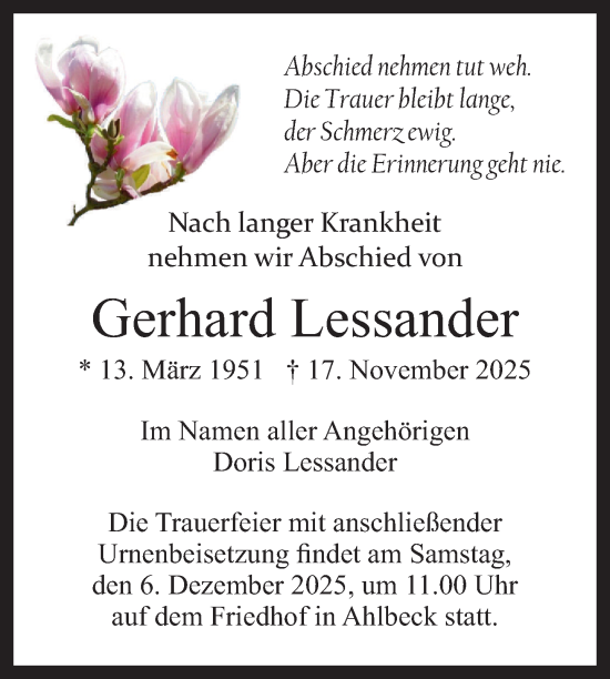 Traueranzeige von Gerhard Lessander von Nordkurier Haff-Zeitung