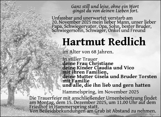 Traueranzeige von Hartmut Redlich von Uckermark Kurier Templiner Zeitung