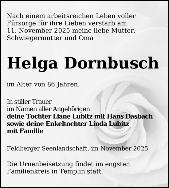 Traueranzeige von Helga Dornbusch von Uckermark Kurier Templiner Zeitung