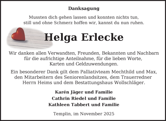 Traueranzeige von Helga Erlecke von Uckermark Kurier Templiner Zeitung