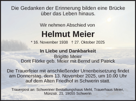 Traueranzeige von Helmut Meier von Zeitung für die Landeshauptstadt