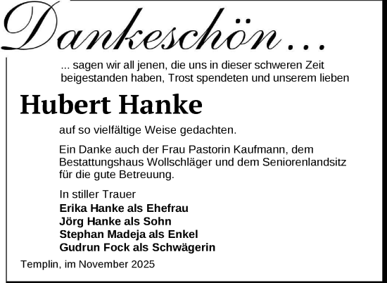Traueranzeige von Hubert Hanke von Uckermark Kurier Templiner Zeitung