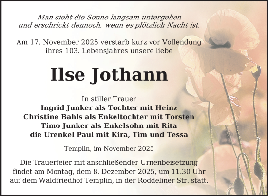 Traueranzeige von Ilse Jothann von Uckermark Kurier Templiner Zeitung