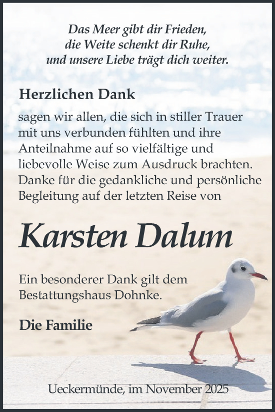 Traueranzeige von Karsten Dalum von Nordkurier Haff-Zeitung